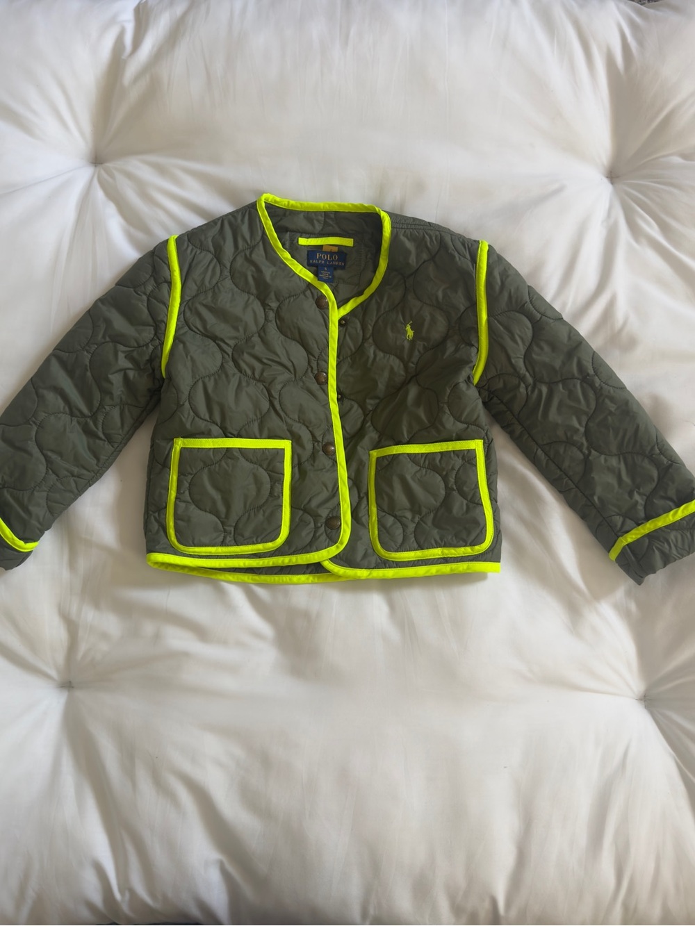 Polo by Ralph Lauren Olive Quilted Kids Jacket with Neon Yellow Trim